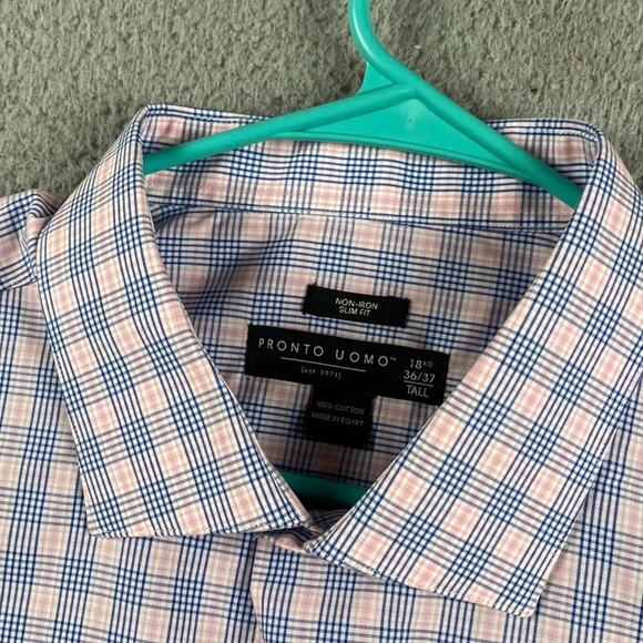Pronto Uomo Non-Iron Slim Fit Button Dress Shirt Men's 18.5 36/37 XLT Plaid New - Picture 4 of 12
